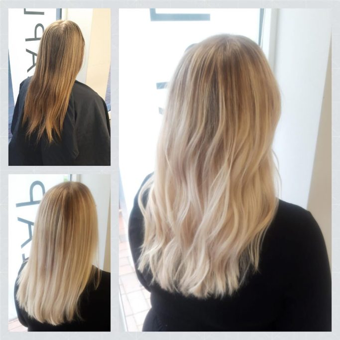 Haarschnitt-Vergleich: lange, glatte Haare und wellige blonde Haare nach Styling.