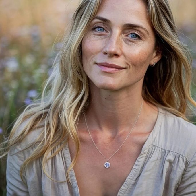 Frau mit langen, gewellten Haaren und sanftem Lächeln, vor blühendem Feld.