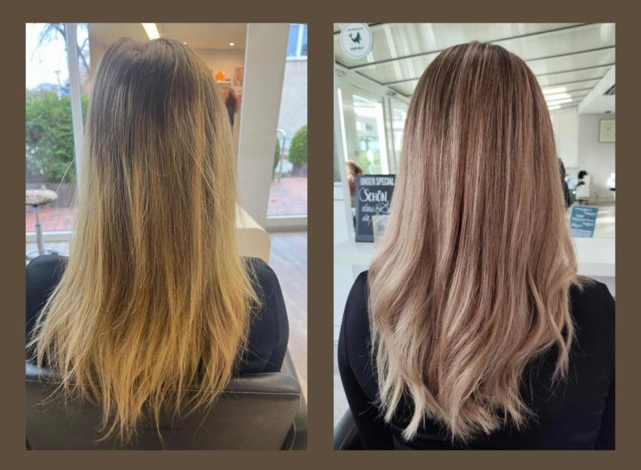 Vorher-nachher Vergleich von Haaren: von ungepflegt zu glattem, glänzendem Stil.